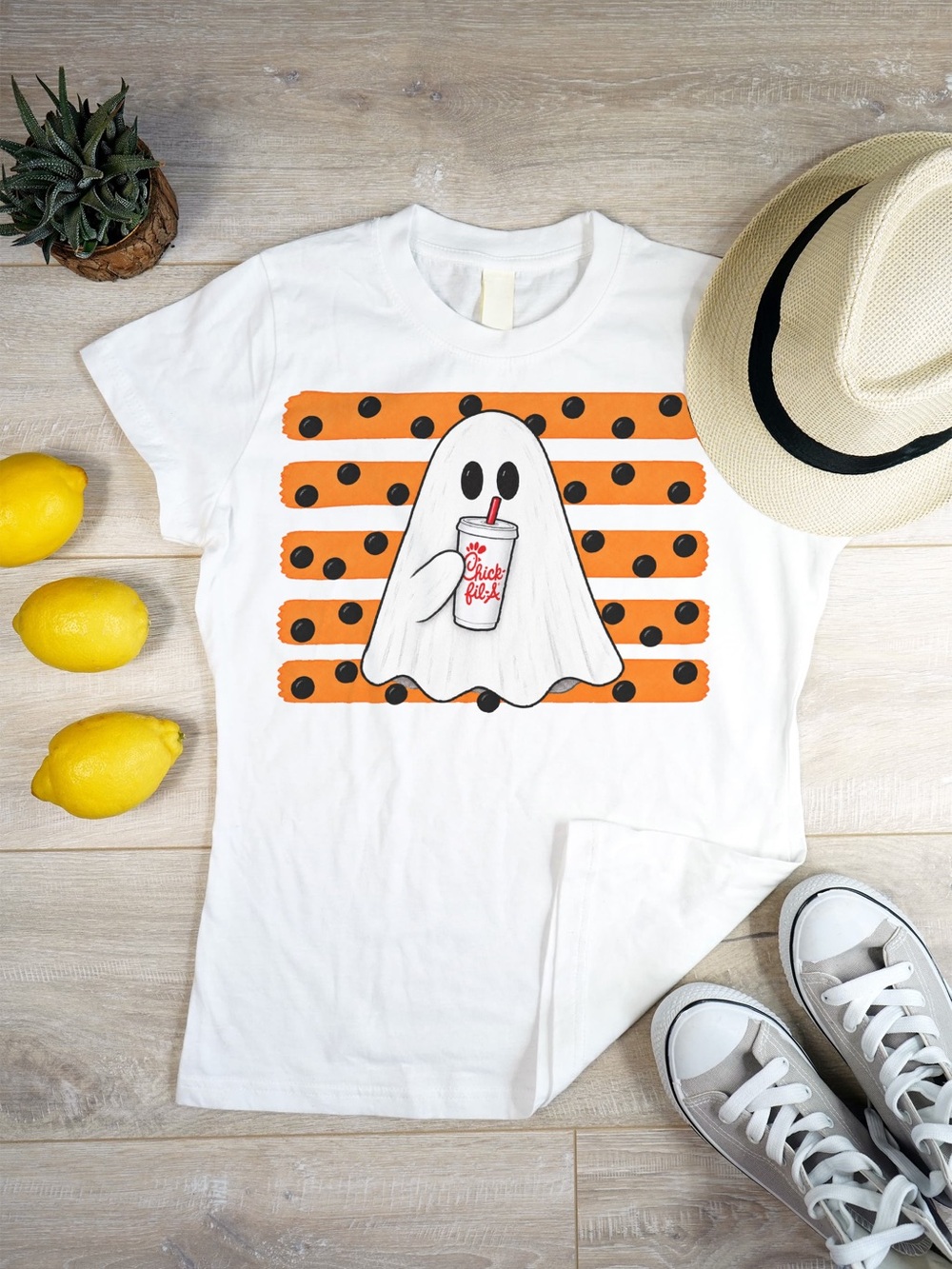 White womens Ghost Graphic Tee with Orange Polka Dot Stripes chick fil a cup